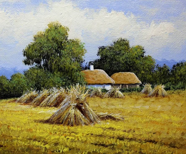 Oil paintings rural landscape.Old village, fine art.