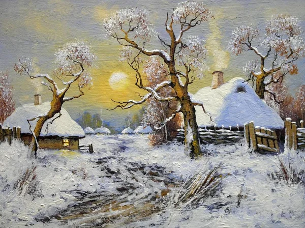 Pinturas Óleo Paisaje Rural Invierno Arte —  Fotos de Stock