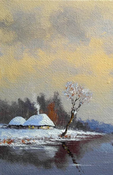 Ölgemälde Ländliche Landschaft Winter Bildende Kunst — Stockfoto