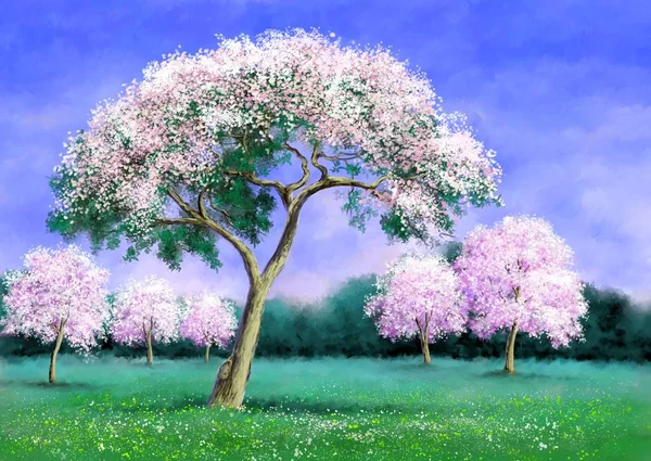 Oil digital paintings landscape.Tree in spring.