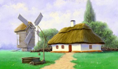 Dijital resimler manzara, köyün geleneksel ev. Güzel Sanatlar.