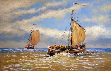 Yağlıboya tablolar deniz manzara, denizde yelkenli tekne. Güzel sanatlar, sanat eserleri.