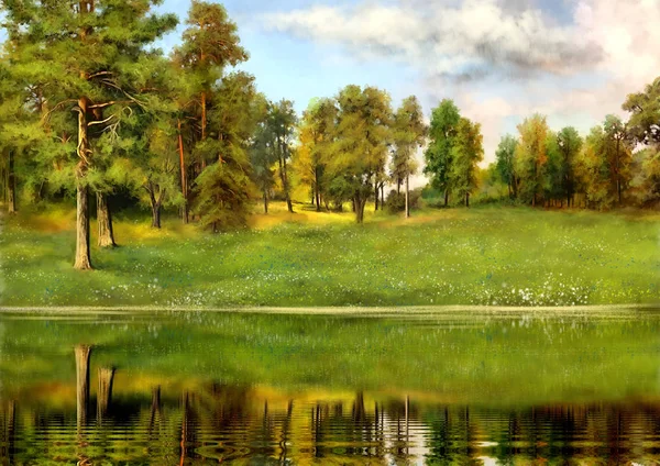 Cyfrowe Obrazy Olejowe Krajobraz Drzewa Parku Rzeka Lesie Sztuki — Zdjęcie stockowe