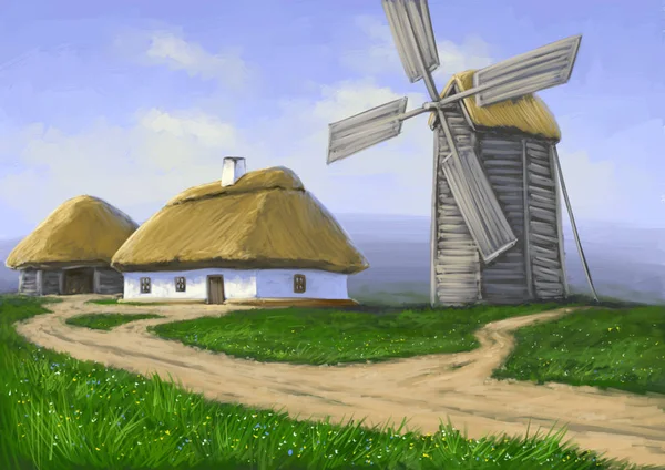 Digital Oil Paintings Rural Landscape Old Village Windmill Field Fine — Stock Photo, Image