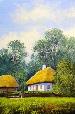 Yağlıboya tablolar kırsal manzara, ormanda ev. Güzel sanatlar