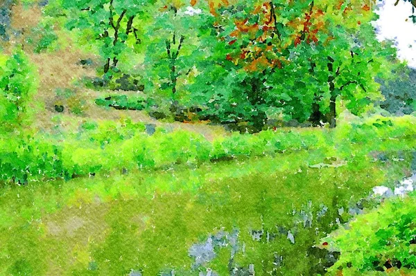 水彩画秋景 河在森林里 — 图库照片