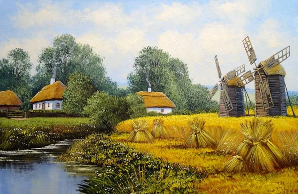 Peintures Huile Vieux Village Paysage Rural Avec Moulin Vent Beaux — Photo