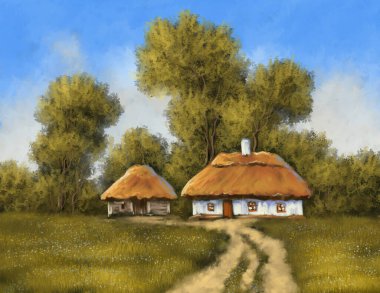 Dijital yağlı boya tabloları kırsal alan, eski köy, kırsal bölgedeki eski ev. Güzel sanatlar.