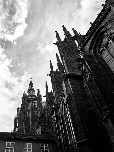 プラハ城、聖ヴィート大聖堂は、黒と白の写真を旅行します。 — ストック写真