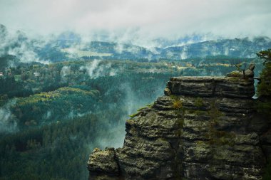 Sonbahar renkleri kum kayalık montains çek Sakson İsviçre, Deadpan Karanlık sisli yağmurlu sabah yatay