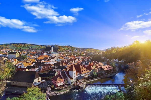 stock image Beautiful sunset over historic centre of Chesky Krumlov old town in the South Bohemian Region of the Czech Republic on Vltava River. UNESCO World Heritage Site