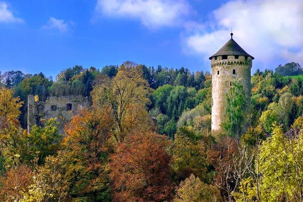 Alter mittelalterlicher Burgturm auf einem Hügel im Wald in Europa an einem sonnigen Tag lizenzfreie Stockfotos