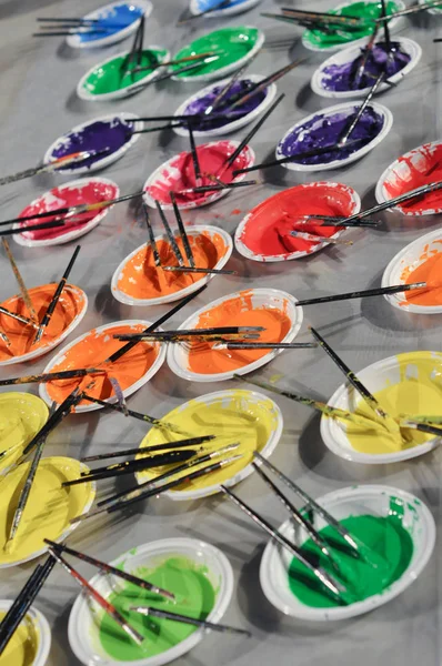 Mnoho Různých Barvách Připravené Malování Výtvarná Dílna — Stock fotografie