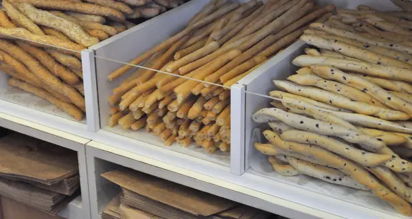 Breadsticks Aka Grissini Palitos Imersão Pão Seco Crocante Alimentos Assados — Fotografia de Stock