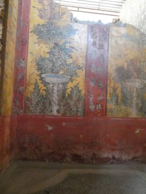OPLONTIS, İtalya - CIRCA SEPTEMBER 2018: MS 79 'da Vesuvius Dağı' nın patlamasında volkanik küllerin altına gömülen antik Roma şehri Oplontis 'teki arkeolojik alanın kalıntıları