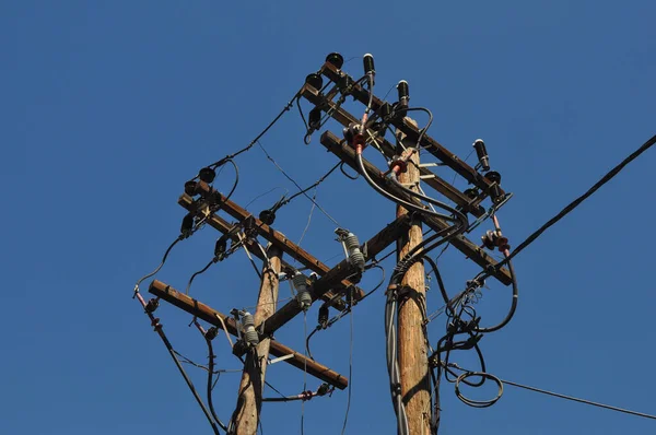 Línea Energía Eléctrica Aérea Transformador Descendente — Foto de Stock