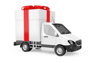 Beyaz ticari endüstriyel kargo teslim Van kamyon yüklü hediye kutusu ve beyaz zemin üzerine kırmızı kurdele ile. 3D render 