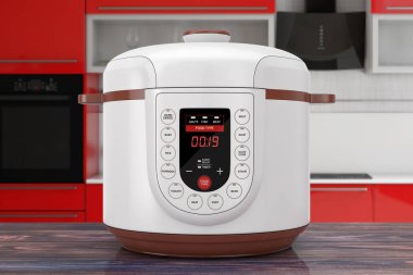 Modern Electric Multi Cooker on a wooden table. 3d Rendering clipart