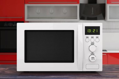 Ahşap bir masa üzerinde beyaz mikrodalga fırın. 3D render 