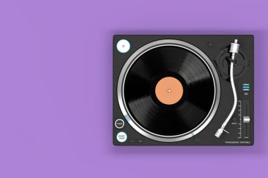Mor bir arka plan üzerinde profesyonel Dj pikap vinil plak çalar. 3D render