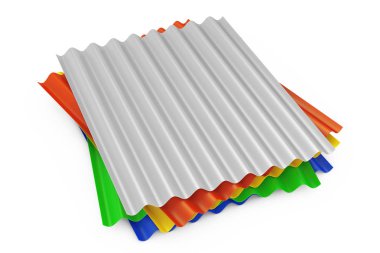 Beyaz bir arka plan yığını çelik renk Metal çinko Galvanizli dalga yaprak çatı için. 3D render 