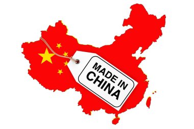 Çin bayrak ve Made in China Satılık etiketi ile harita üzerinde beyaz bir arka plan. 3D render 