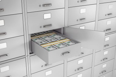 Banka güvenli Kasası açıldı aşırı closeup yığınında dolar. 3D render