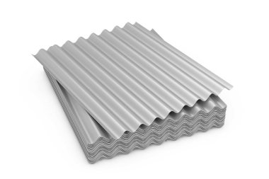 Beyaz bir arka plan yığını Çelik Metal çinko Galvanizli dalga yaprak çatı için. 3D render 