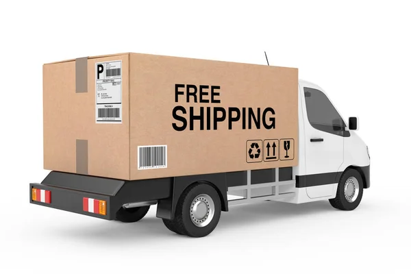 免费送货的概念 白色商业工业货运面包车卡车满载纸箱与免费航运标志在白色的背景 — 图库照片