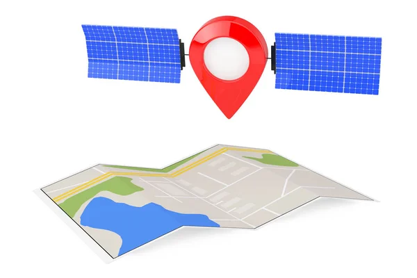 Mapa Ponteiro Pin Como Satélite Sobre Folded Abstract Navigation Map — Fotografia de Stock