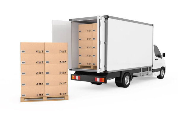 Prepare Shipping Concept. White Commercial Industrial Cargo Delivery Van Truck near Stack of Cardboard Boxes on Pallete on a white background. 3d Rendering 