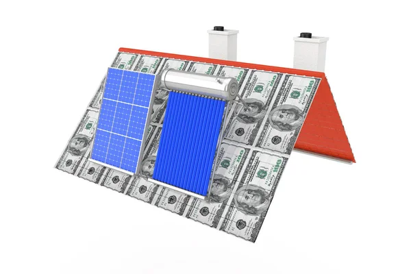 Aquecedor Solar Água Painel Solar Instalado Telhado Dollar Bills Fundo — Fotografia de Stock