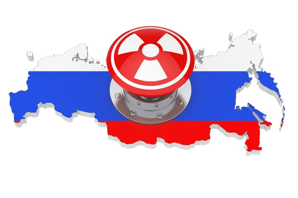 红色原子弹发射核按钮与辐射标志在俄国地图与旗子在白色背景 — 图库照片