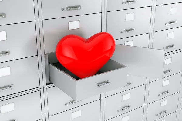 Red Heart in Opened Bank Safe Deposit Box extreme closeup. 3d Rendering