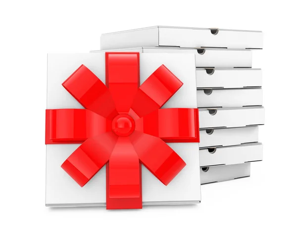 Stack of White Blank Cardboard Pizza Boxesnear Pizza Box with Red Ribbon and Bow on a white background. 3d Rendering