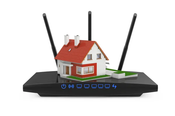 家庭のワイヤレス ネットワークの概念 白い背景に現代の Wifi ルーターとコテージの家 レンダリング — ストック写真