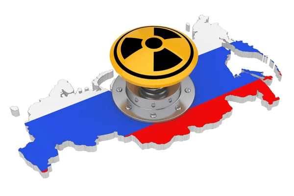 黄色原子弹发射核按钮与辐射标志在俄国地图与旗子在白色背景 — 图库照片