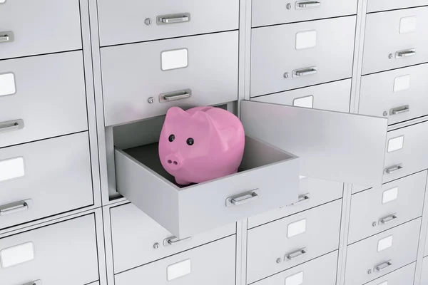 Piggy Bank in Opened Bank Safe Deposit Box extreme closeup. 3d Rendering