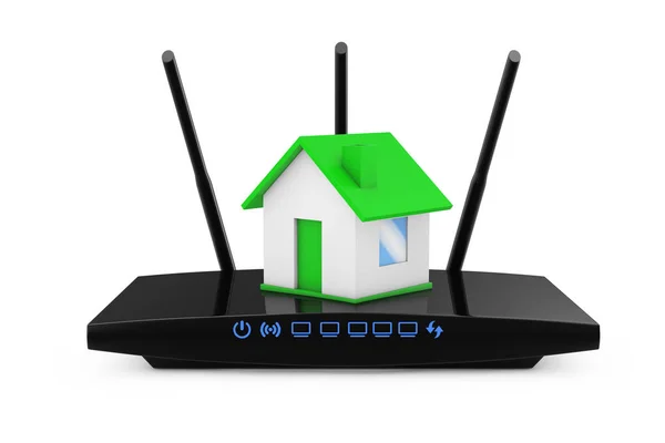 家庭のワイヤレス ネットワークの概念 白い背景に現代の Wifi ルータのある家 レンダリング — ストック写真