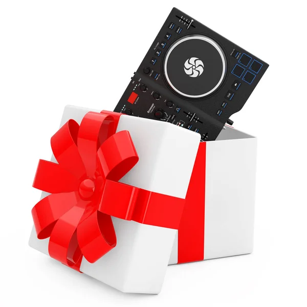 Black Modern DJ Set Turntable Mixer Equipment Come Out of the Gift Box with Red Ribbon on a white background. 3d Rendering