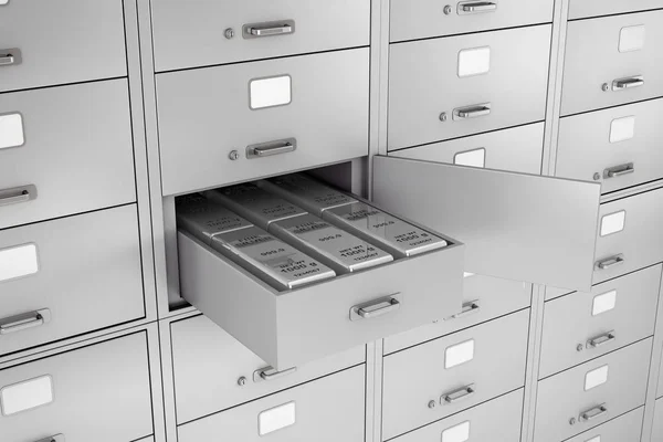Stack of Silver Bars in Opened Bank Safe Deposit Box extreme closeup. 3d Rendering