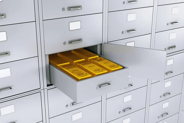 Stack of Gold Bars in Opened Bank Safe Deposit Box extreme closeup. 3d Rendering