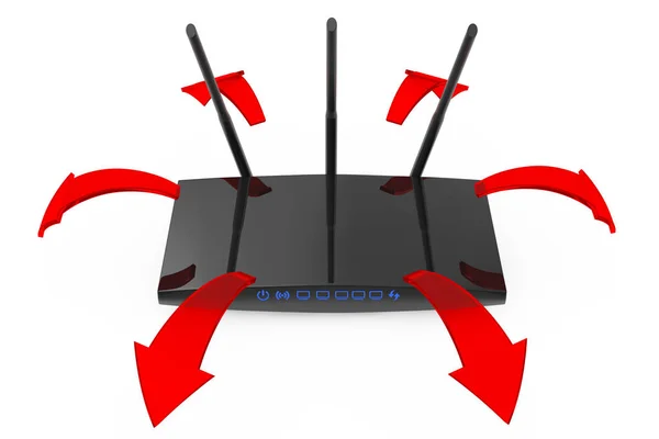Nowoczesne Wifi Router Świecące Strzałki Sygnał Czerwony Białym Tle Renderowania — Zdjęcie stockowe