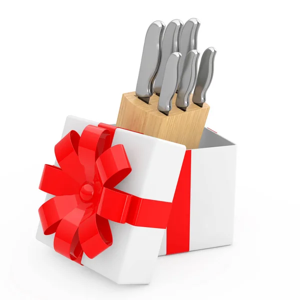 专业的厨房刀装在木箱里出来的礼品盒与红丝带在白色的背景 — 图库照片
