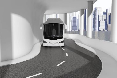 Beyaz koç tur otobüs sürüş Modern Deniz Köprüsü Otoban yol aşırı closeup. 3D render