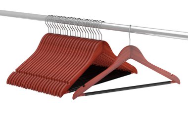 Sigorta primi doğal bitirmek ahşap askı sigara Slip Bar üzerinde beyaz bir arka plan bir giysi raylı raf ile. 3D render