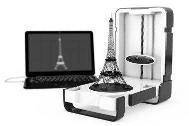 Ayakta Modern masaüstü ev ücretsiz Laptop ve Eyfel Kulesi nesne beyaz bir arka planda tarama 3d tarayıcı bağlı. 3D render