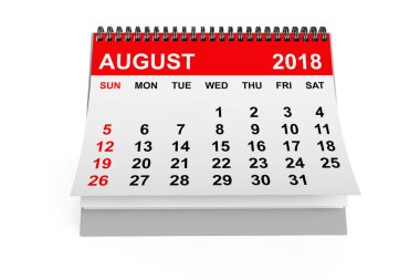 2018 yıl takvim. Beyaz bir arka plan üzerinde Ağustos takvim. 3D render