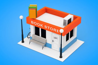 Oyuncakçı karikatür kitap veya kitap mağaza bina cephe mavi bir arka plan üzerinde. 3D render