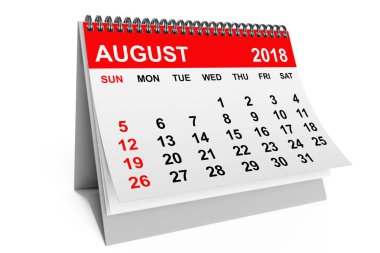 2018 yıl takvim. Beyaz bir arka plan üzerinde Ağustos takvim. 3D render